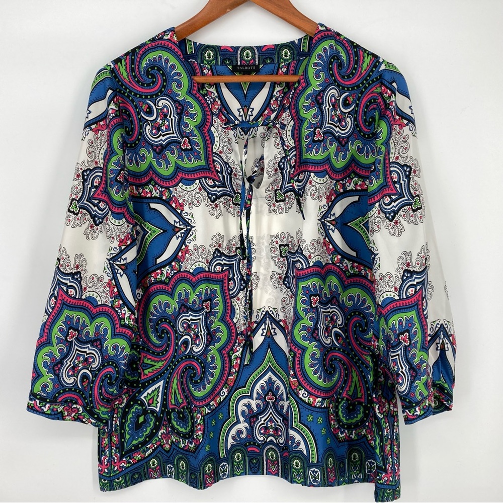 Talbots Silk Paisley Blouse Women sz 12 Pullover Blue White Pink Green 3/4 slv
